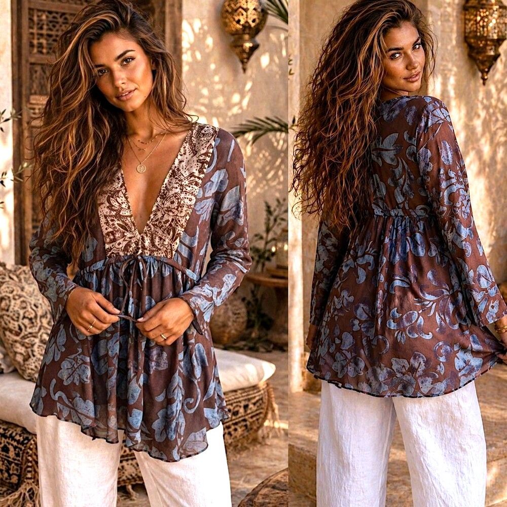 Sweet Pea XL Boho Semi Sheer Festival Tunic Blue Brown Floral V Neck Lagenlook